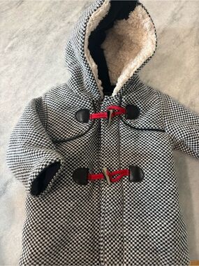 Catimini Black & White Checked Hooded Pea Coat with Red Toggle Accents